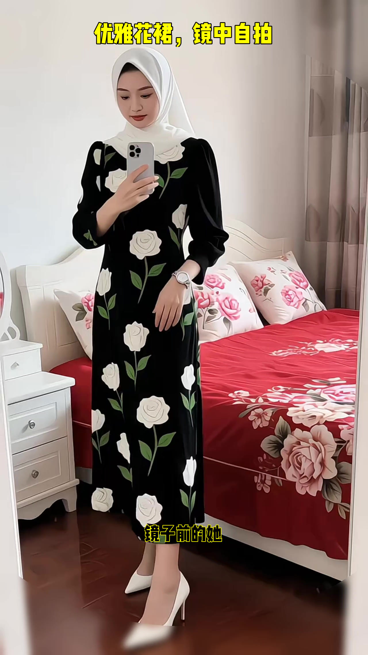 镜子前的优雅自拍,黑裙白花,尽显迷人风采