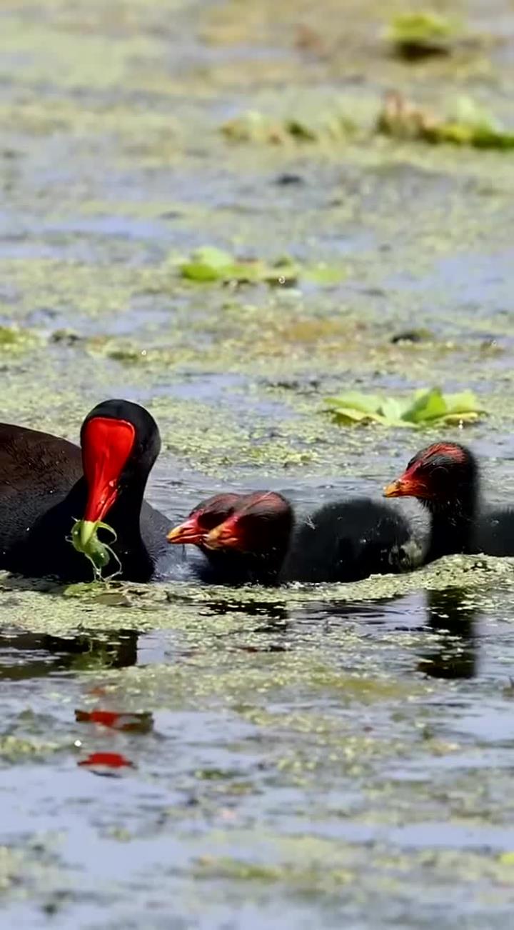 黑水鸡温柔照顾幼鸟，细心喂食展现母爱之情