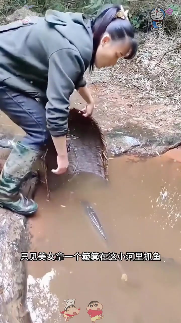  女子抓鱼,居然用簸箕抓鱼