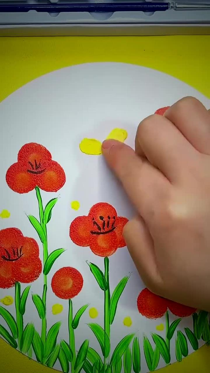 水粉画花丛中的蝴蝶和蜜蜂