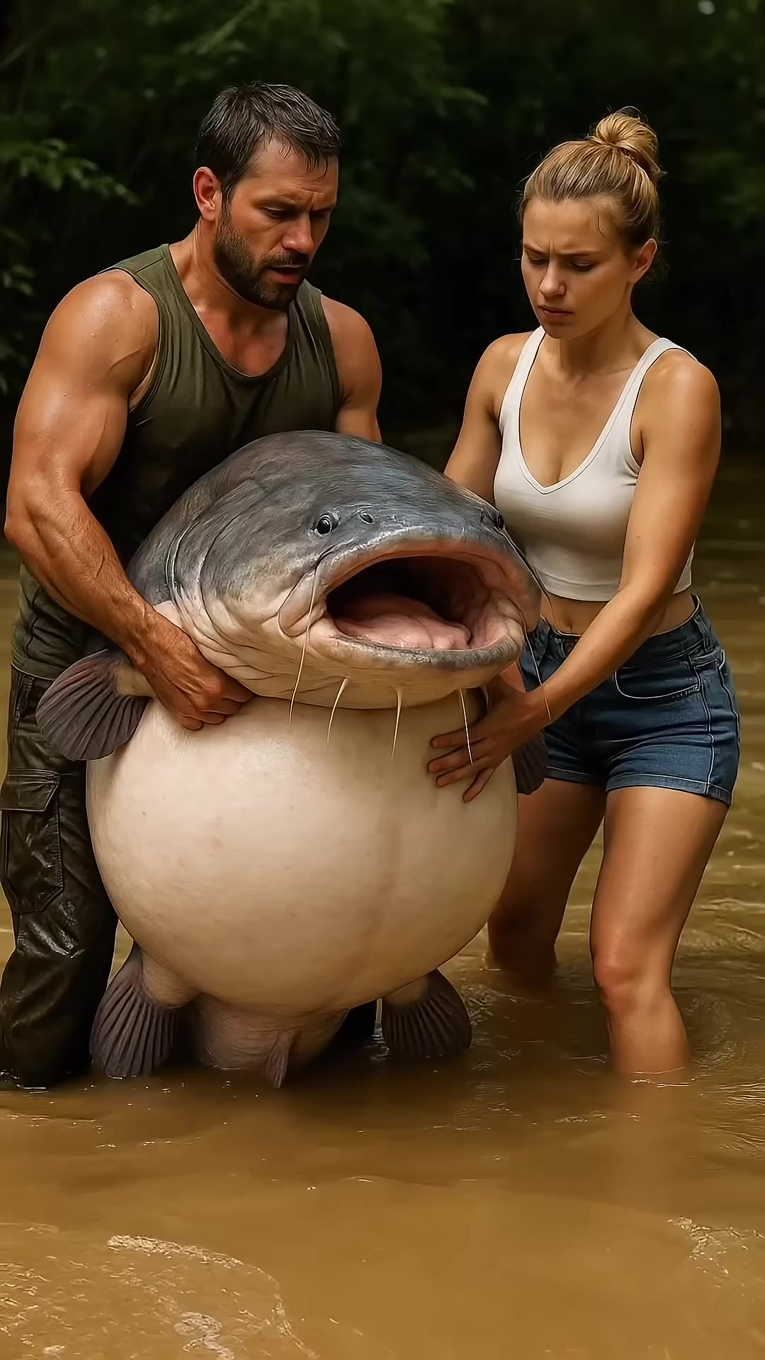 鲶鱼嘴里掏出小奶狗？夫妻合力救援，结局太意外！