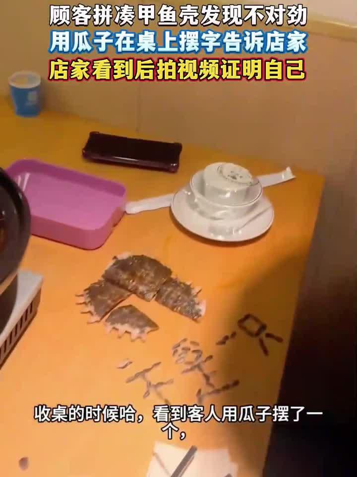顾客拼凑甲鱼壳发现不对劲,用瓜子在桌上摆字告诉店家店家看到后