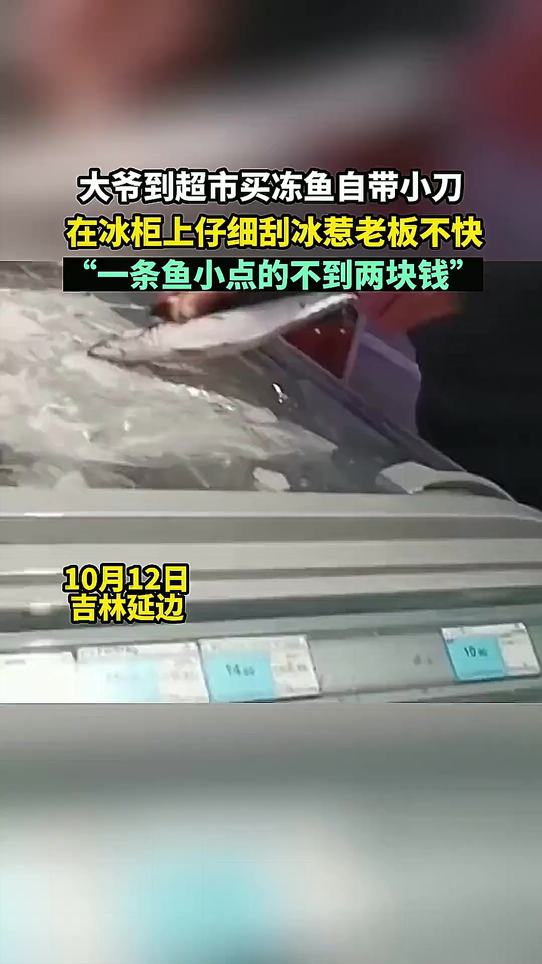 乡镇观察 大爷到超市买冻鱼自带小刀，在冰柜上仔细刮冰惹老板