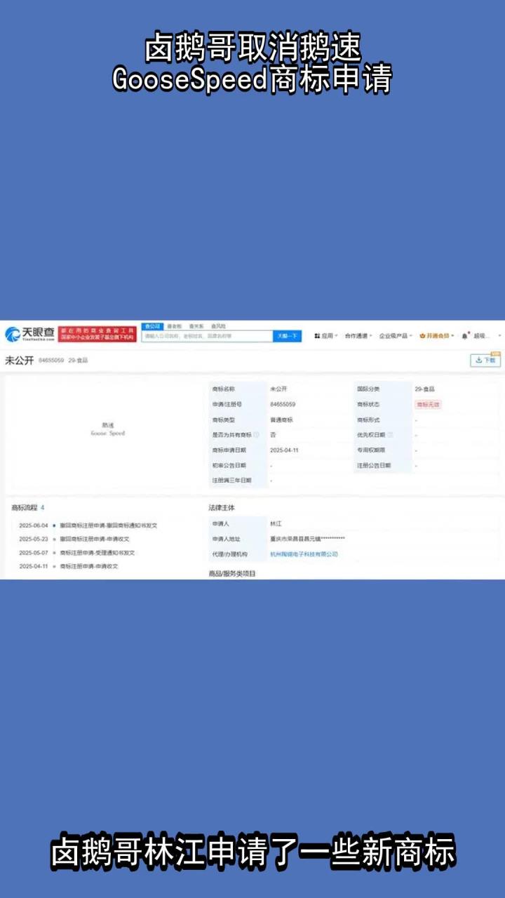 卤鹅哥取消鹅速GooseSpeed商标申请