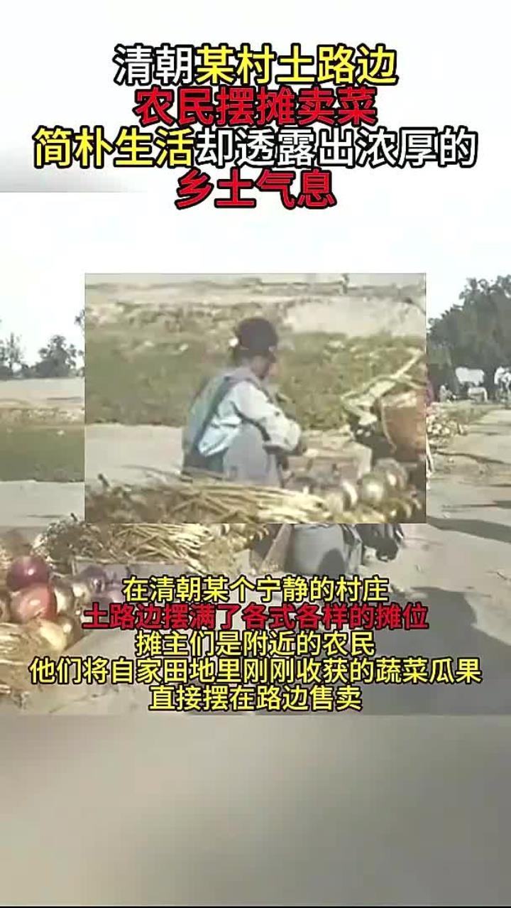 清朝某村土路旁，农民摊位售菜，简约生活展现浓厚乡村气息