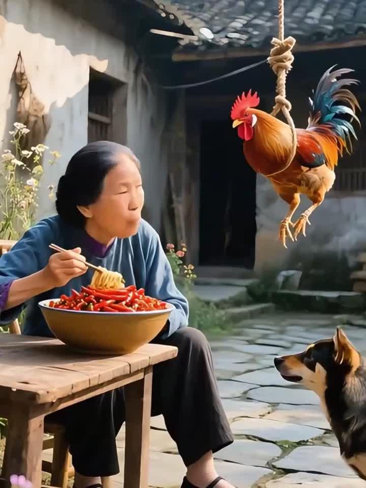 奶奶在院子里吃辣椒,挂着公鸡,小狗在旁
