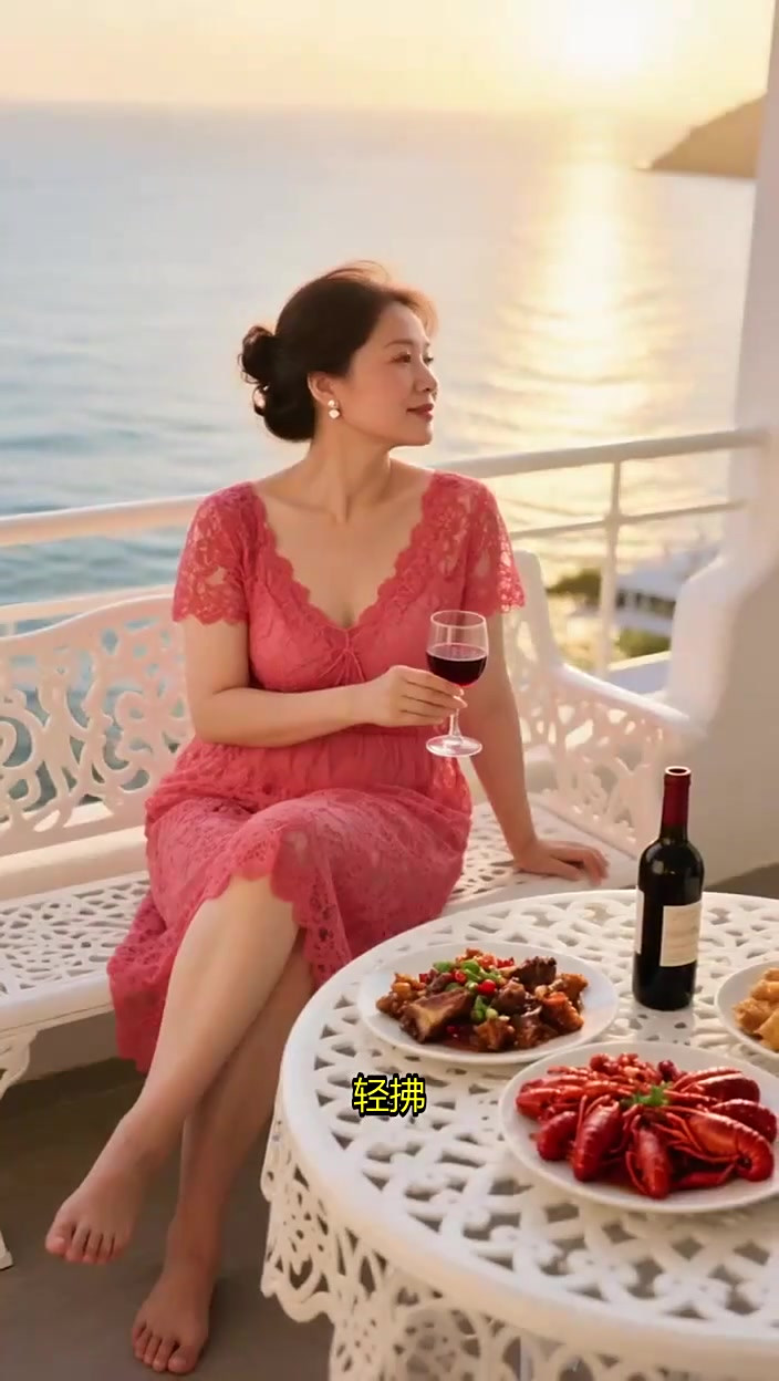 “粉裙美女露台品红酒，海鲜小龙虾盛宴太诱人！”