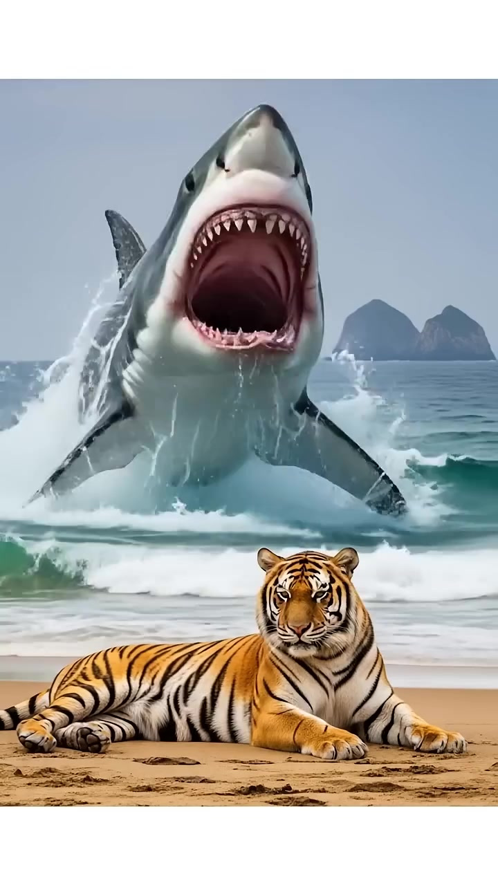 老虎沙滩闲躺，鲨鱼跃起挑衅，结局出人意料！