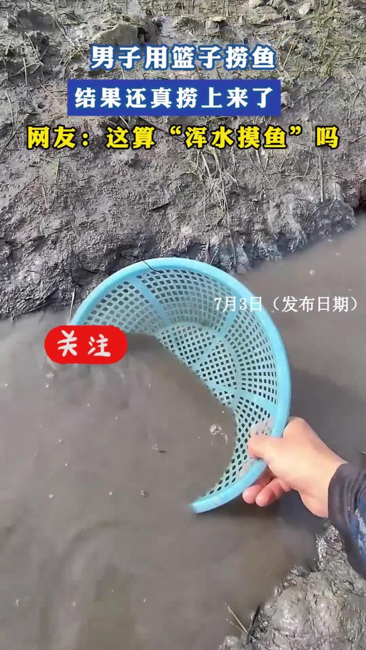 男子用篮子捞鱼，结果还真捞上来了，网友：这算“浑水摸鱼”吗