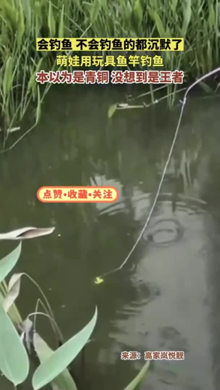 萌娃用玩具鱼竿钓鱼,本以为是青铜 没想到是王者