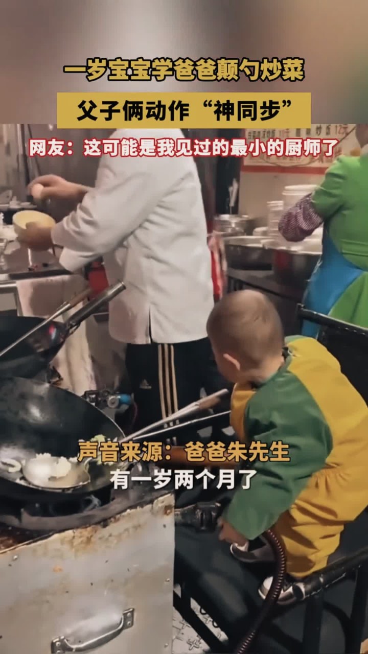 一岁宝宝 学爸爸颠勺炒菜,父子俩动作“神同步”