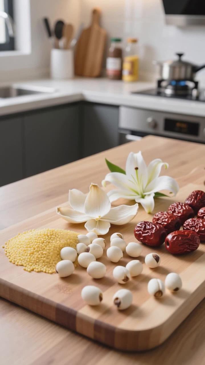 失眠者助眠粥品，小米 + 百合 + 莲子 + 红枣，补充色氨酸