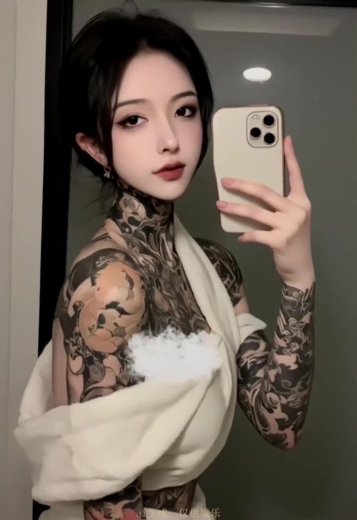 花臂纹身女孩般若，独特个性备受关注，满背纹身展示时尚魅力