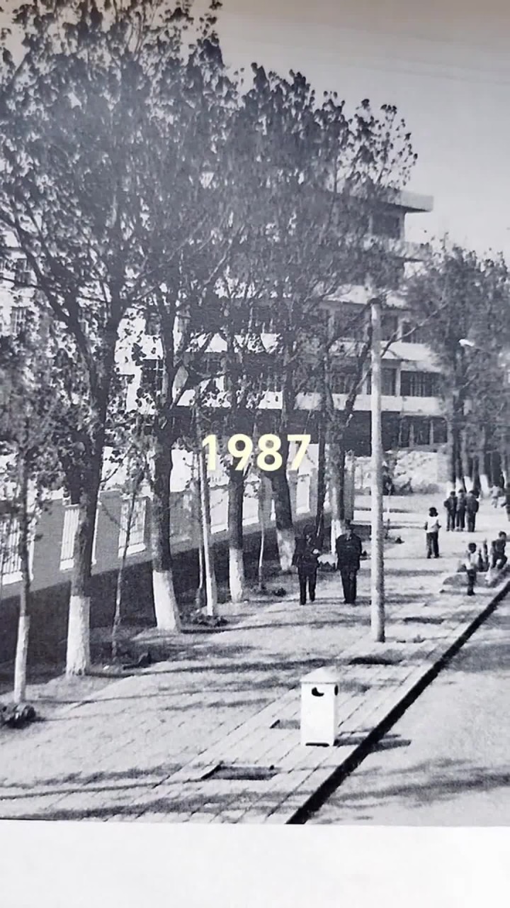 两张照片拍摄于1987年，金州实验小学门前的大道上，老式面包车，骑自行车的，人行道上