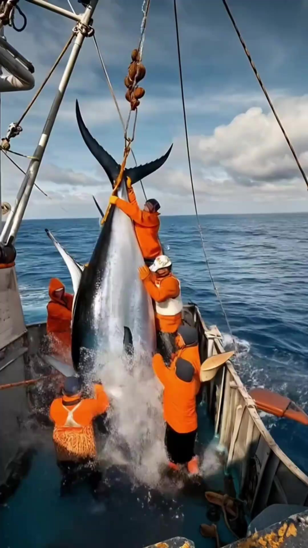 渔民居然在深海中，捕获到了一条，重达800多斤的蓝鳍金枪鱼