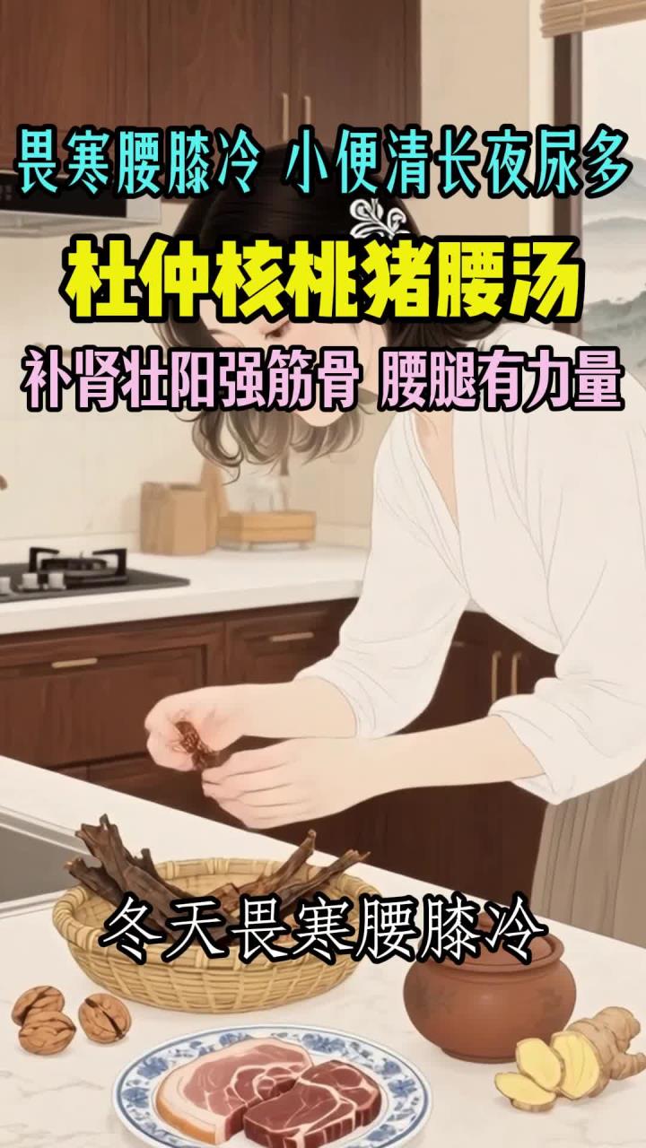冬天畏寒腰膝冷,小便清长夜尿多。快煲碗杜仲核桃猪腰汤,腰腿有力量