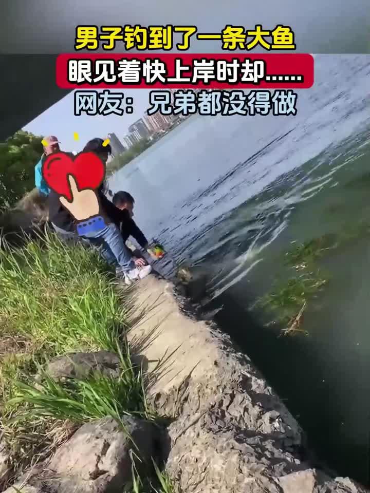 男子钓到了一条大鱼，眼见着快上岸时却……网友：兄弟都没得做