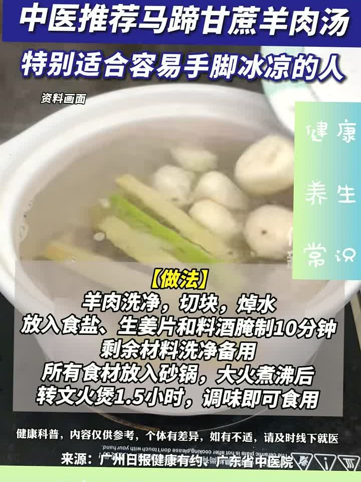 健康快讯:广东阿妈冬季必煲中医推荐马蹄甘蔗羊肉汤,适合手脚冰
