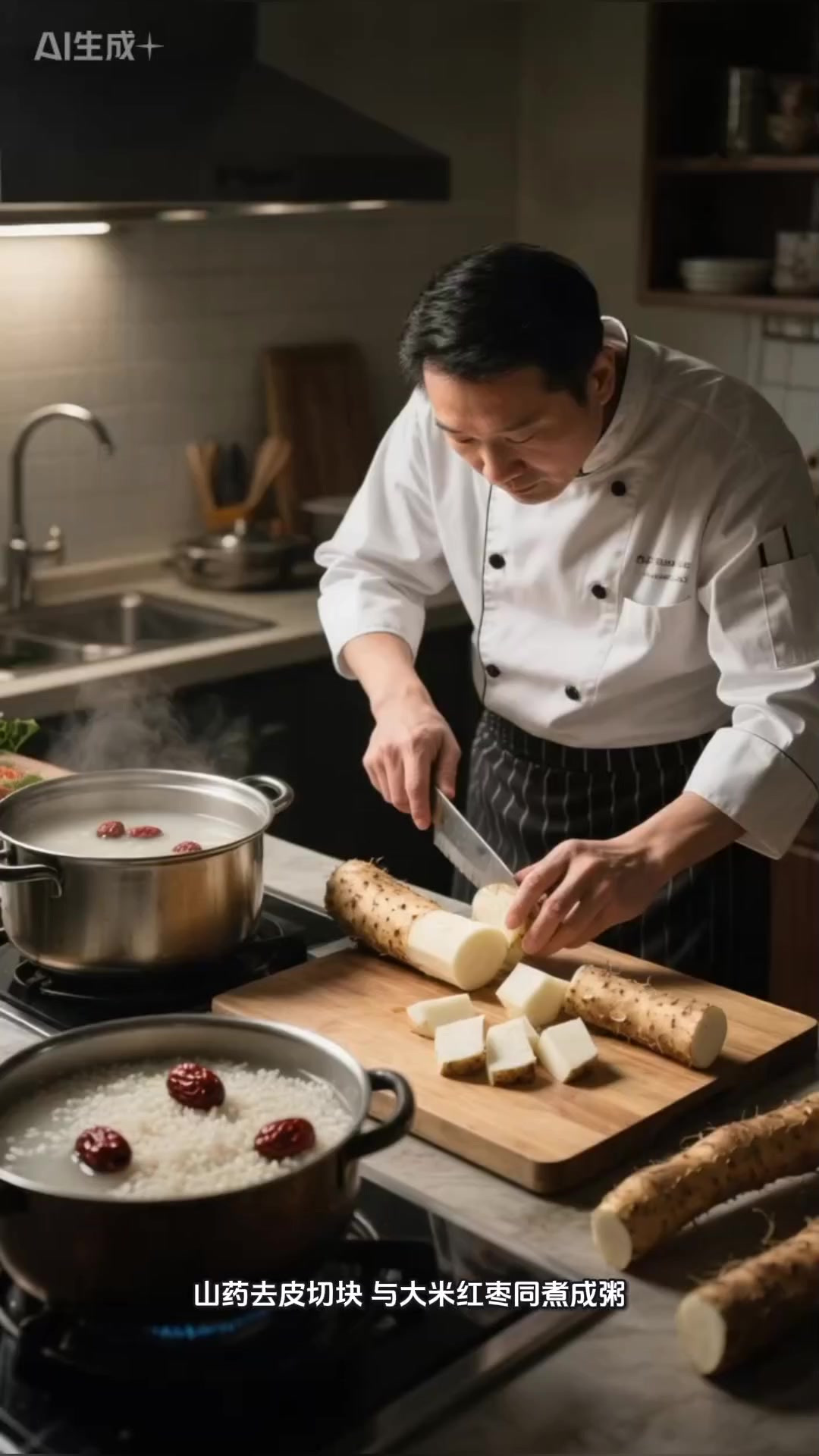 山药去皮切块，与大米红枣同煮成粥