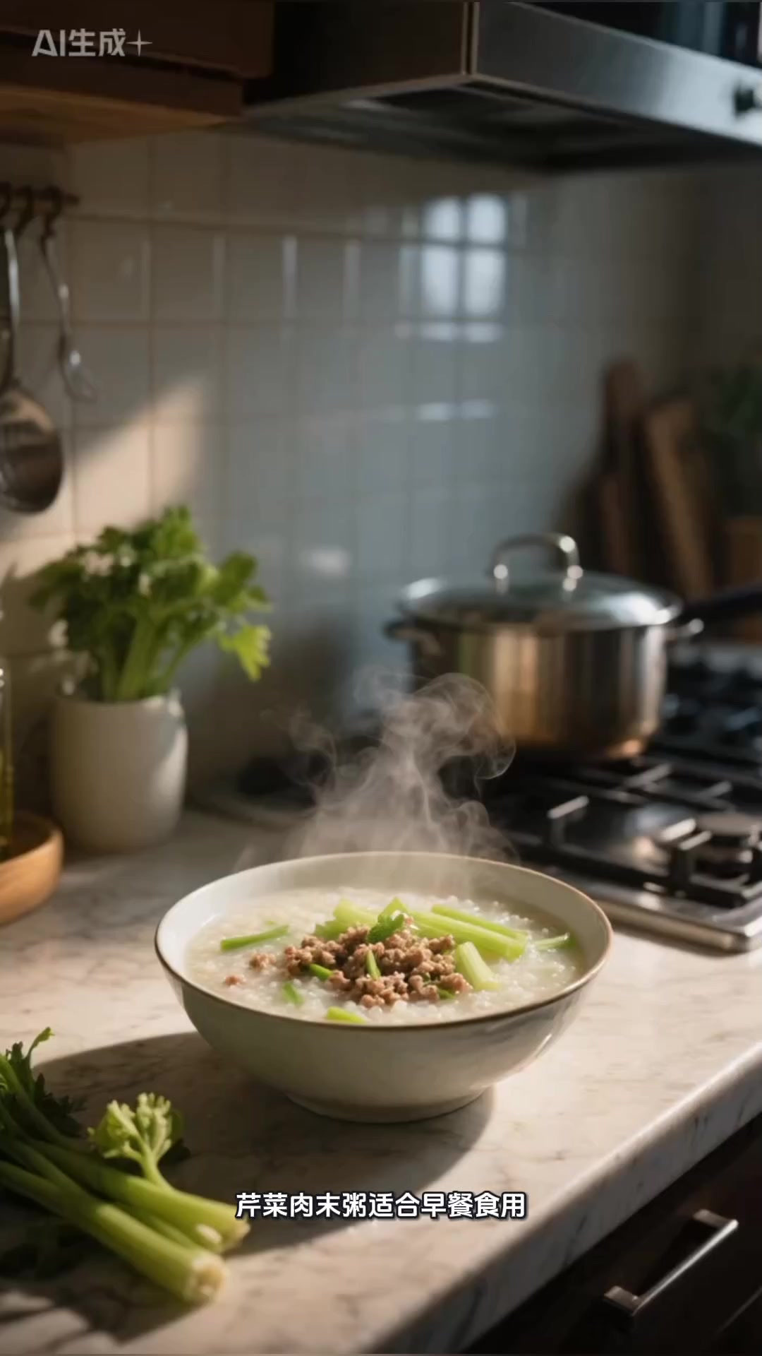 芹菜肉末粥是适合早餐使用的!