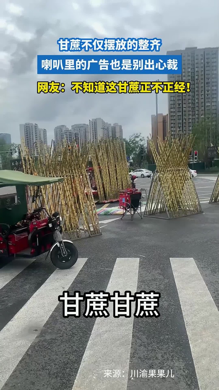 甘蔗不仅摆放的整齐,喇叭里的广告也是别出心裁!