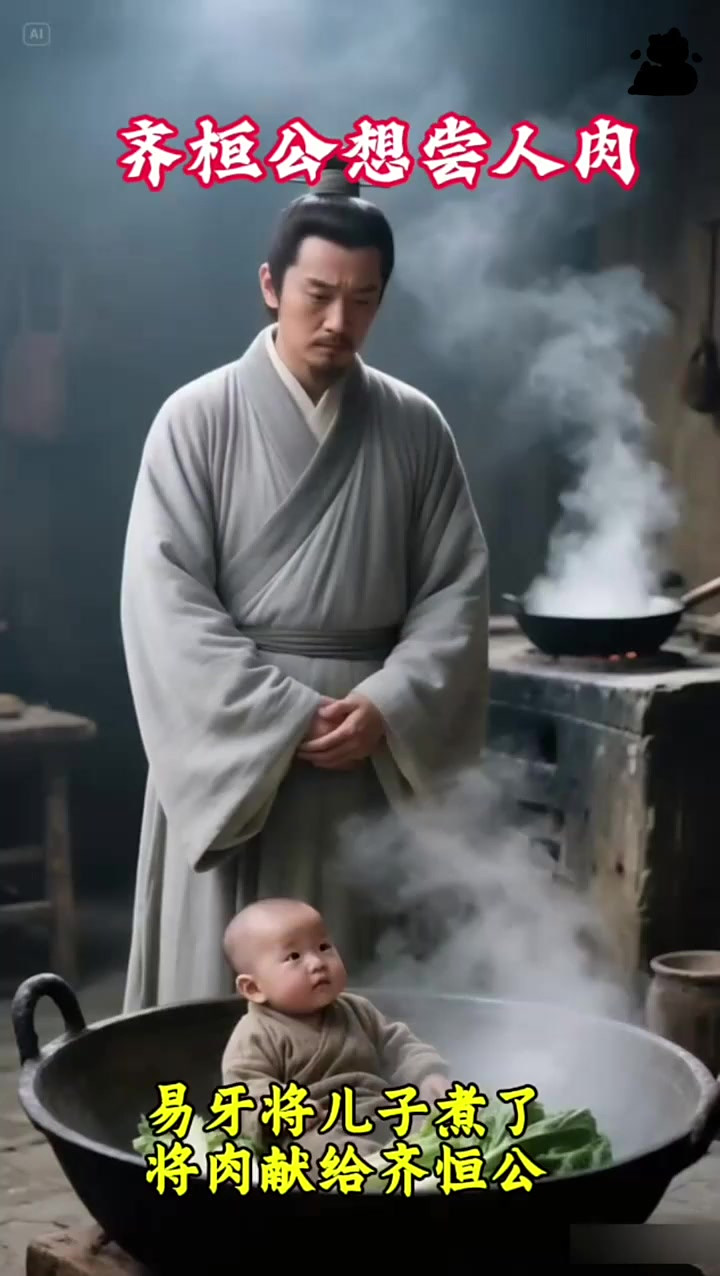齐恒公想吃人肉，易牙将儿子煮了，把肉献给齐恒公