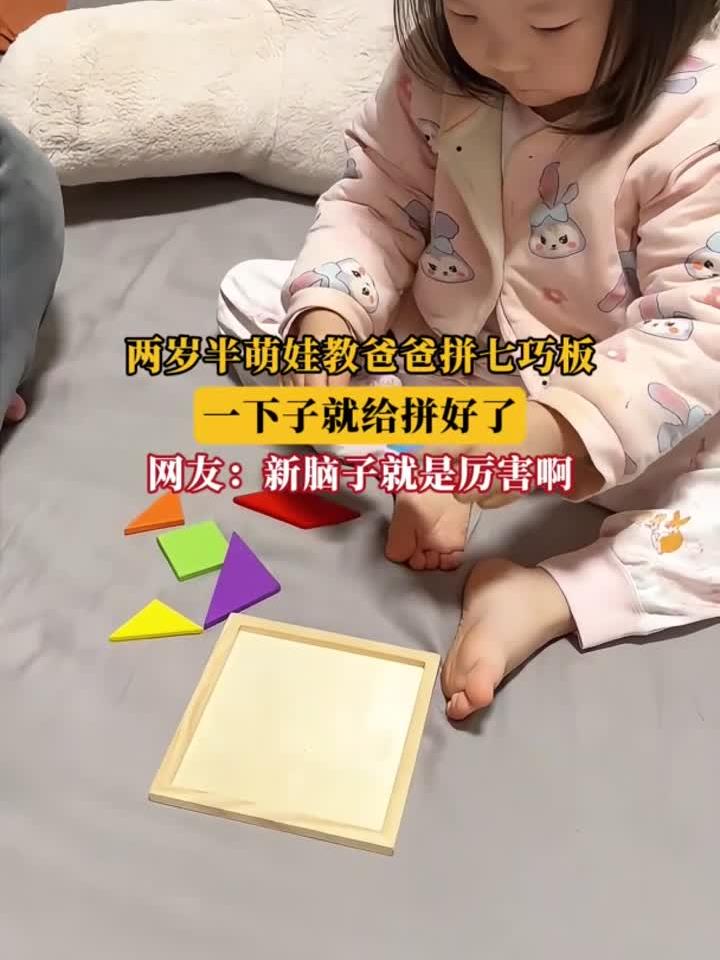 两岁半萌娃教爸爸拼七巧板,一下子就给拼好了