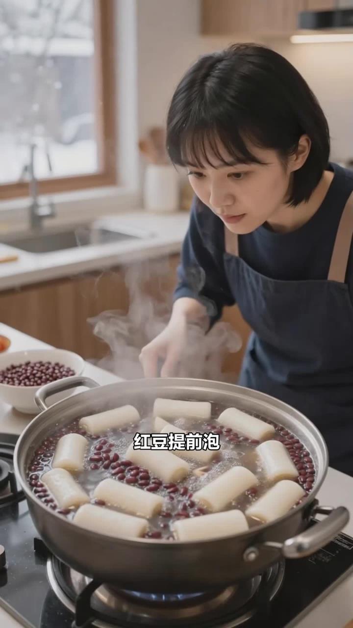 红豆+年糕煮成红豆年糕汤，冬天喝暖身，好消化吗？