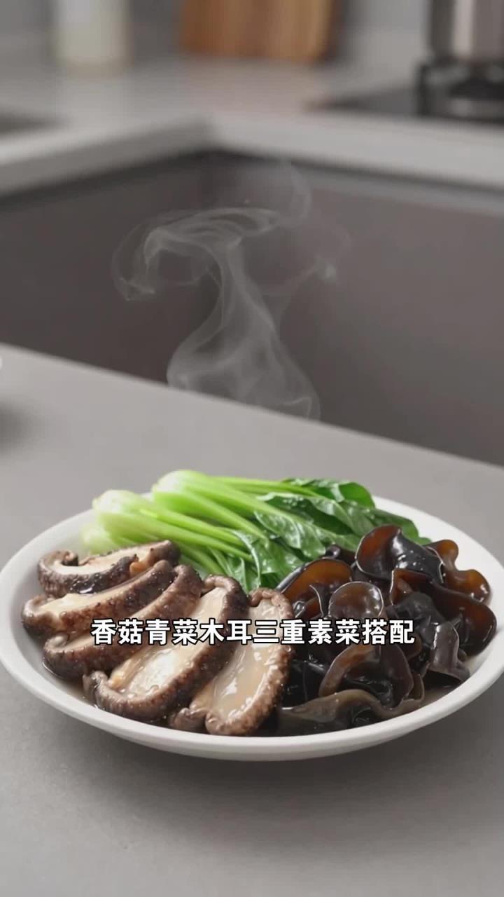 香菇搭配青菜和木耳清炒,三重素菜搭配,清淡营养更全面