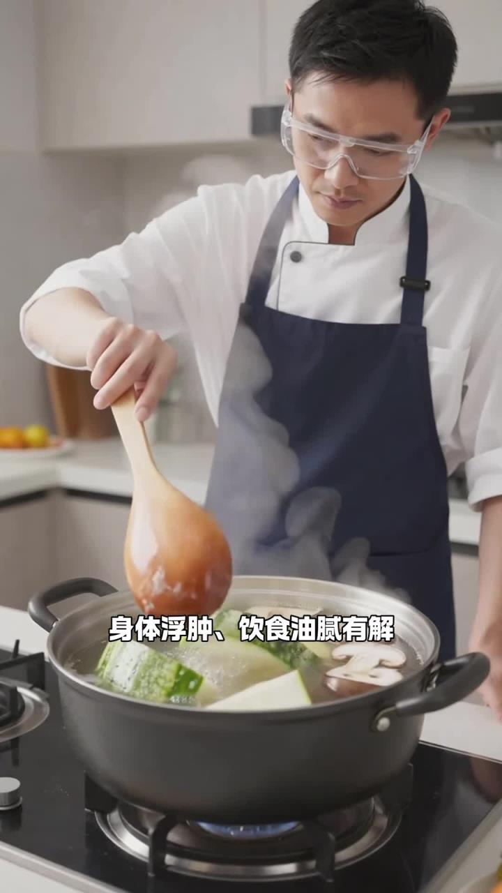 冬瓜搭配蘑菇煮成清汤，清淡鲜爽解腻，缓解身体浮肿更轻盈