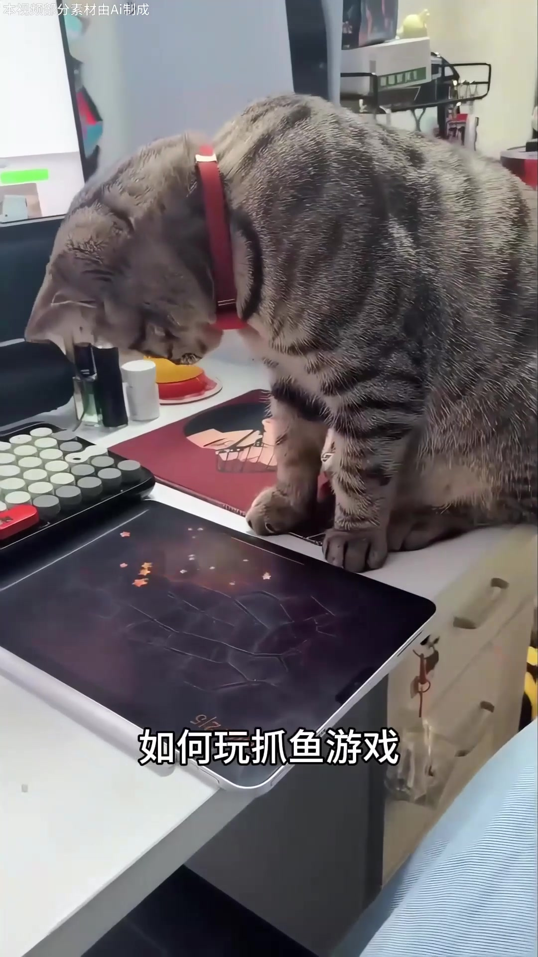 主人教猫咪玩抓鱼游戏,猫咪一学就会