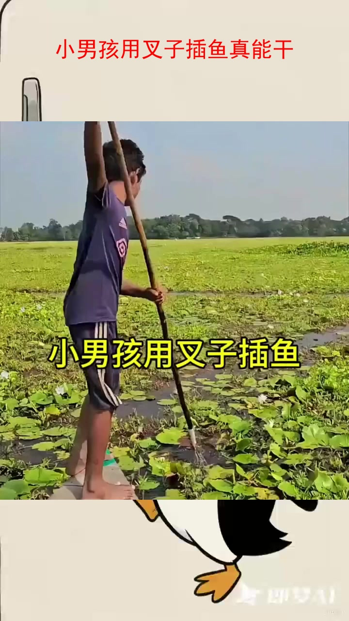 小男孩用叉子插鱼真能干