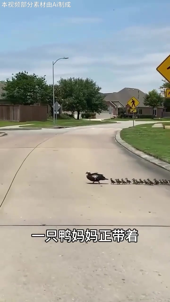 鸭妈妈带小鸭子过马路,司机停车耐心等待