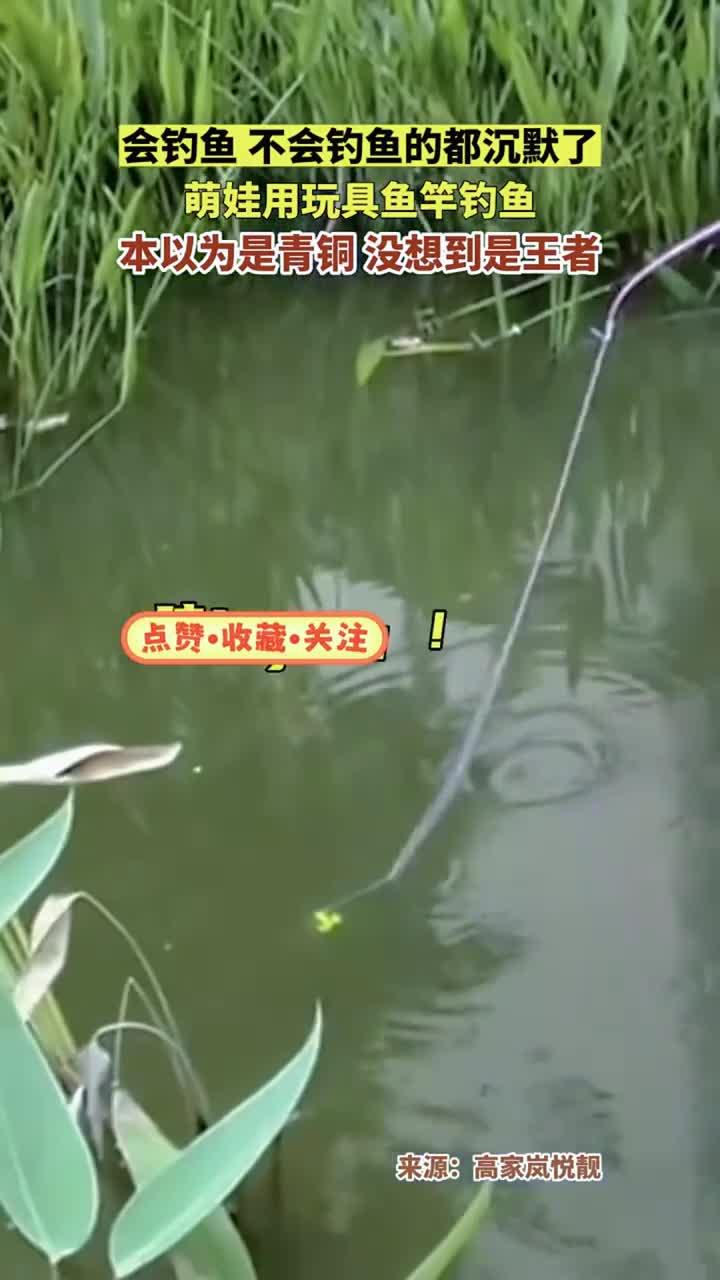 萌娃用玩具鱼竿钓鱼,本以为是青铜 没想到是王者