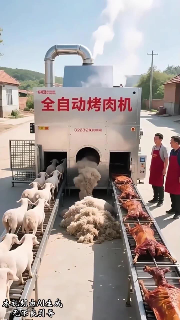 村口全自动烤肉机“吞羊出烤羊”,羊毛堆成山烤羊香喷喷