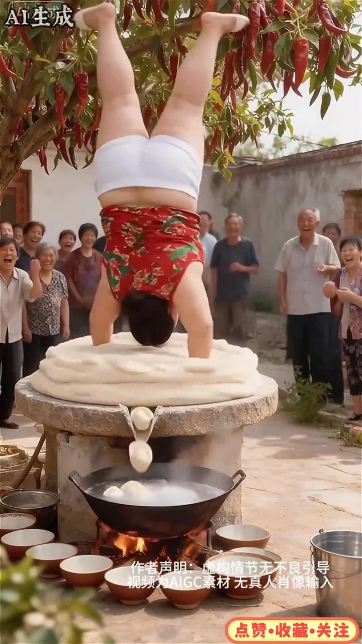胖妹倒立做汤圆给大爷大妈