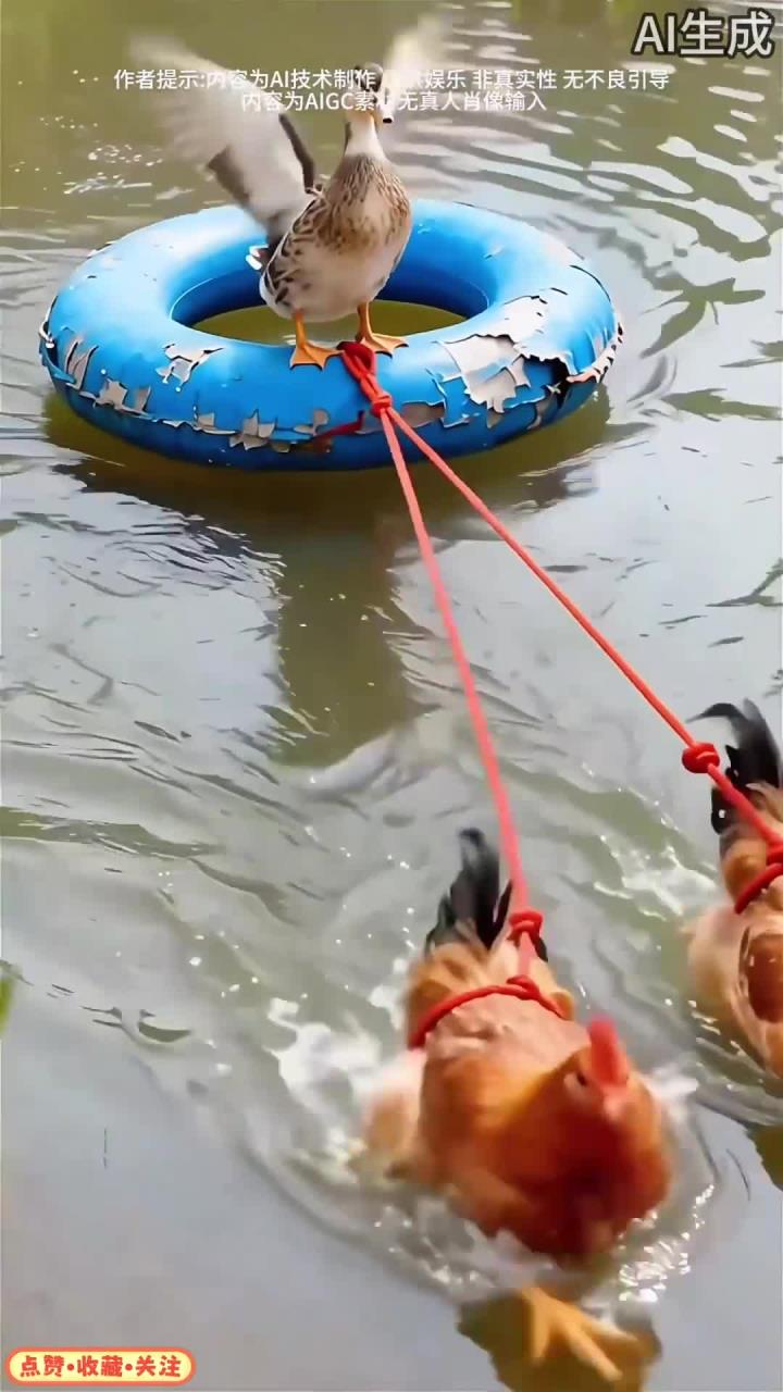 笑不活了,鸡拉着鸭子在水里游行