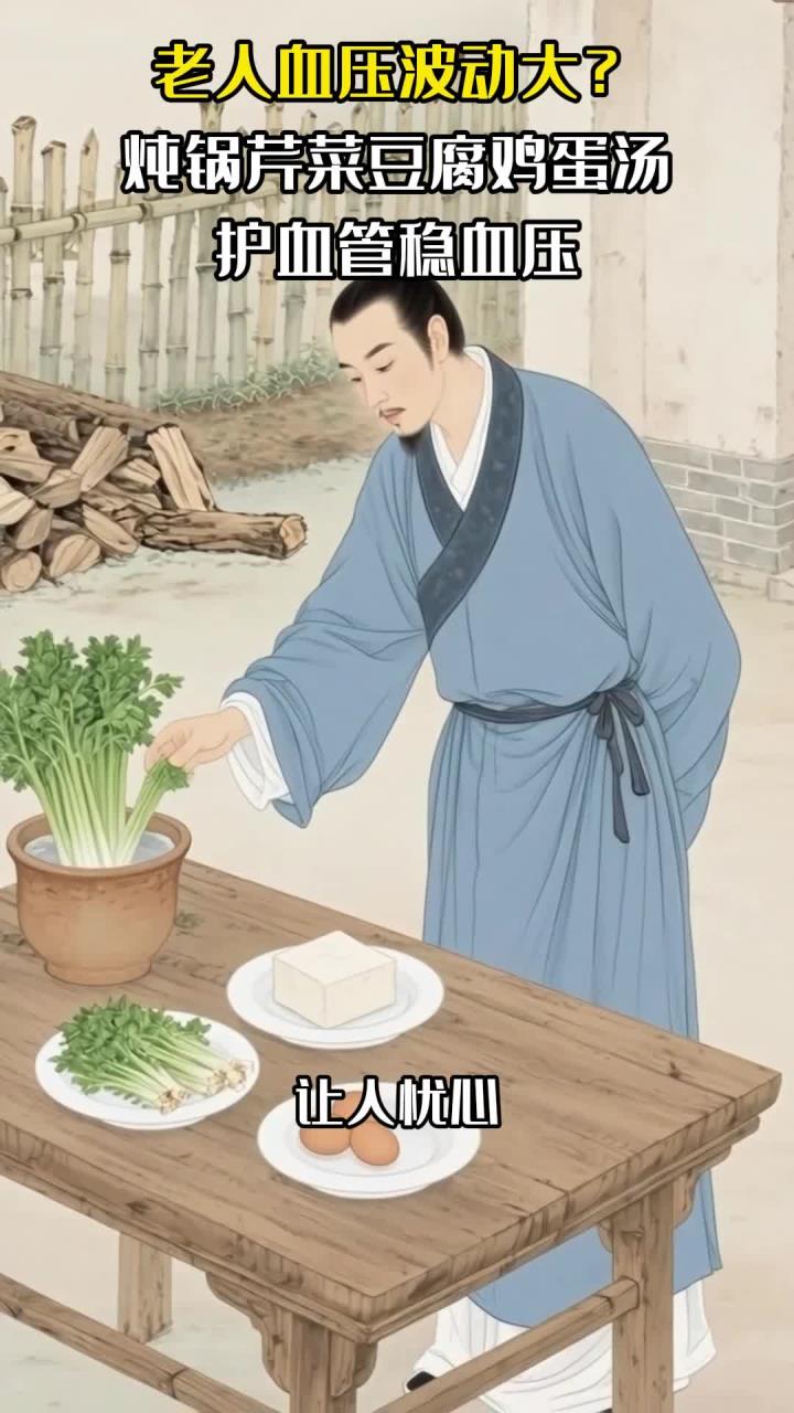 老人血压波动大?炖锅芹菜豆腐鸡蛋汤,护血管稳血压