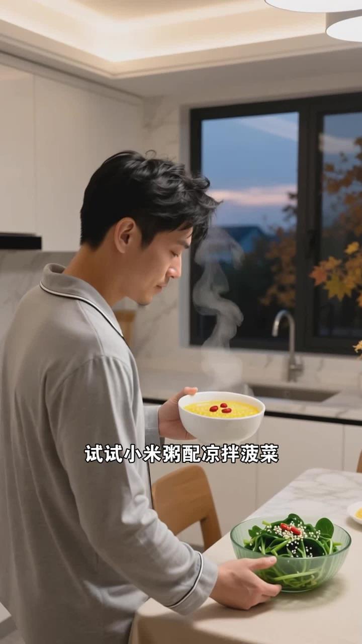 小米粥配凉拌菠菜,晚餐清淡养胃,助睡眠
