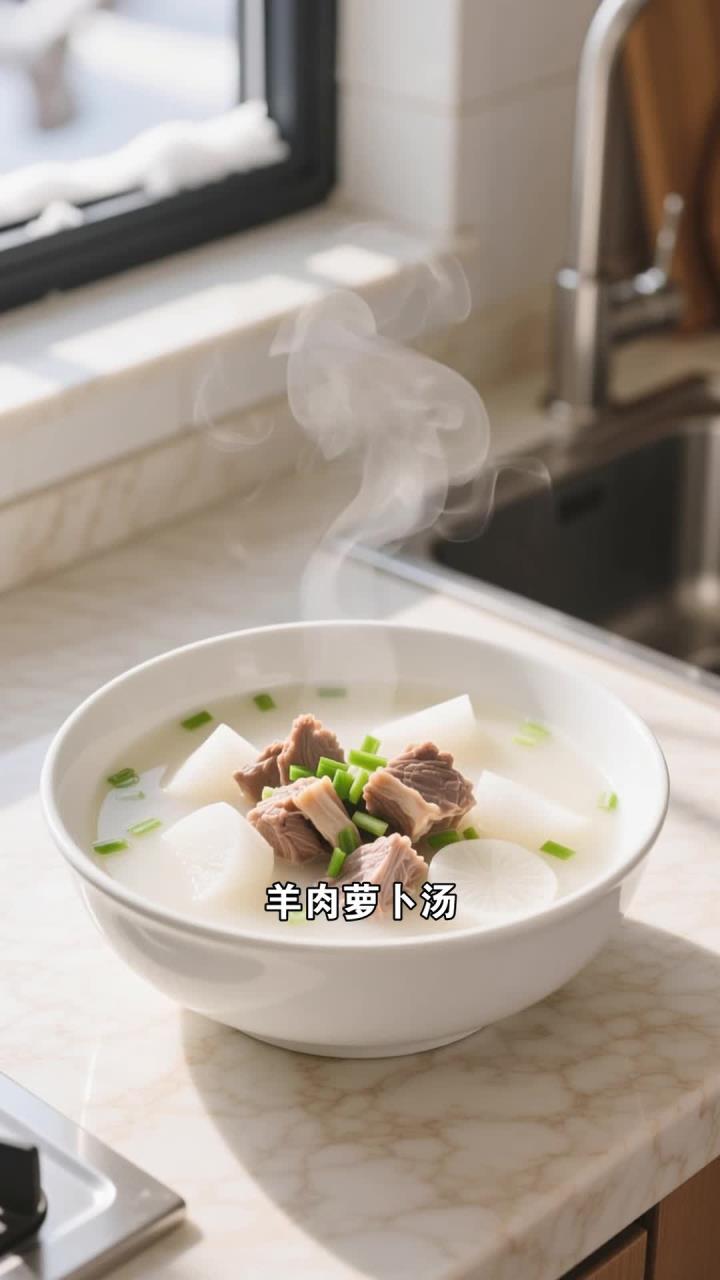 冬季滋补汤品,羊肉萝卜汤 + 鸡汤 + 桂圆红枣茶,温补气血