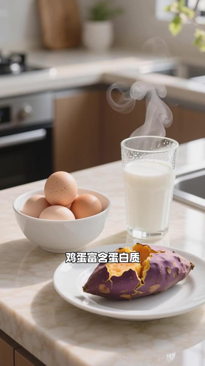 儿童早餐搭配,鸡蛋 + 牛奶 + 蒸红薯,营养全面不挑食