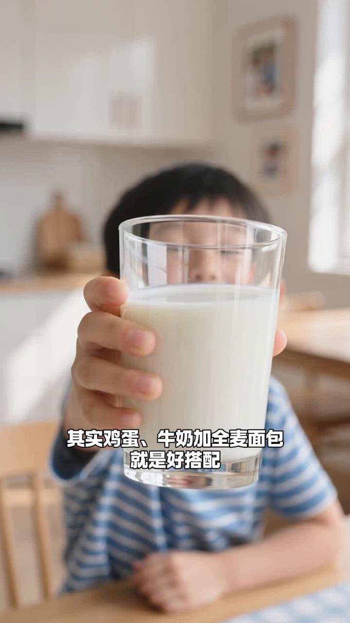 儿童早餐吃鸡蛋 + 牛奶 + 全麦面包,营养均衡,开启活力一天