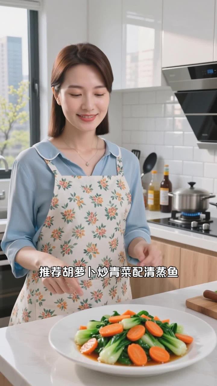小学生护眼晚餐,胡萝卜炒青菜 + 清蒸鱼,补充维生素 A