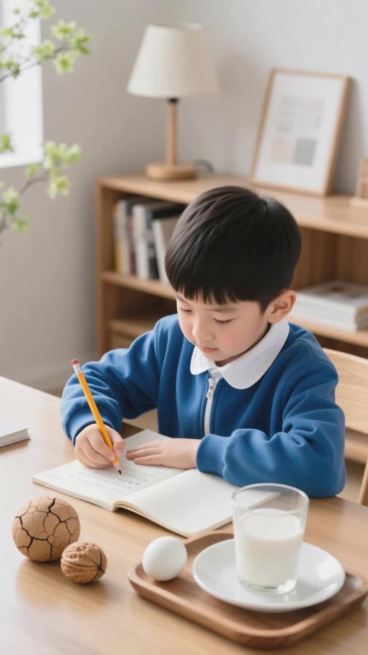 小学生健脑早餐,核桃 + 鸡蛋 + 牛奶,补充 DHA 增强记忆力
