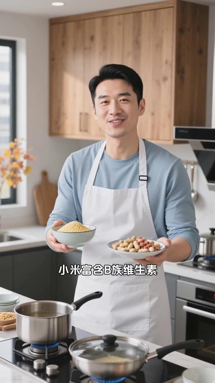 小米花生粥小妙招,熬夜易乏力,晚餐能煮的补能粥