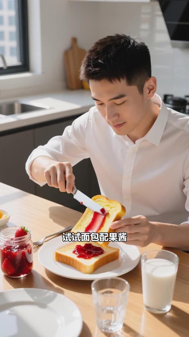 早餐吃面包 + 果酱 + 牛奶,简单快捷,适合赶时间