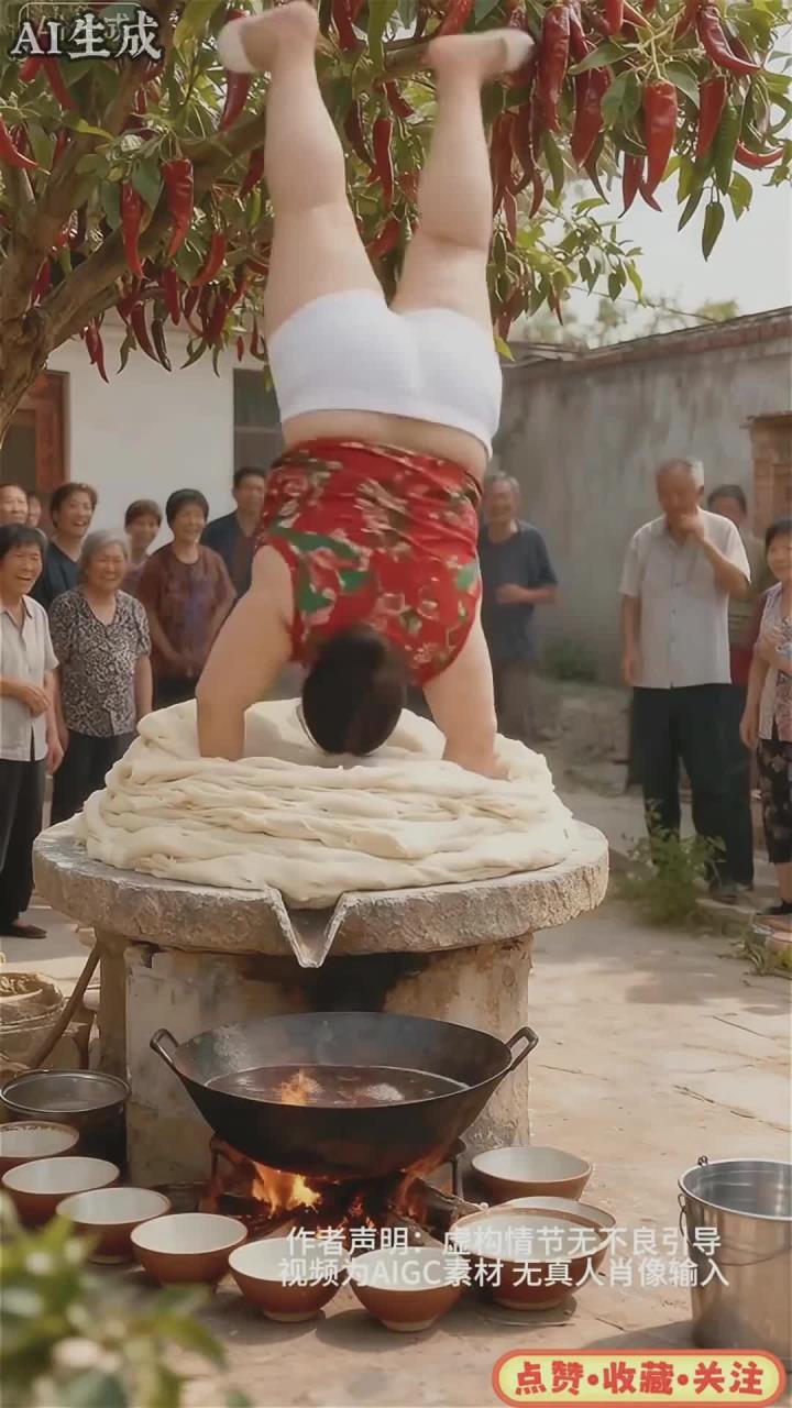 胖妹倒立做汤圆给大爷大妈