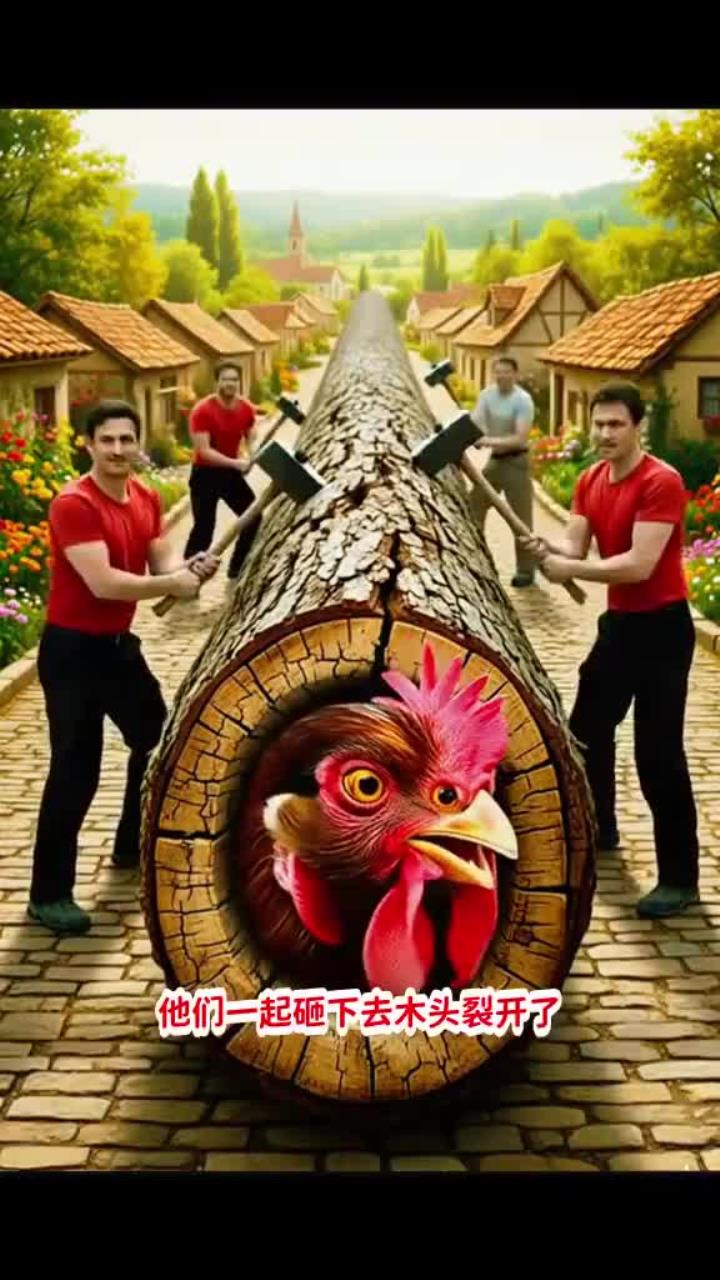 木头锤裂开，竟蹦出公鸡带崽！壮汉锤碎看傻眼
