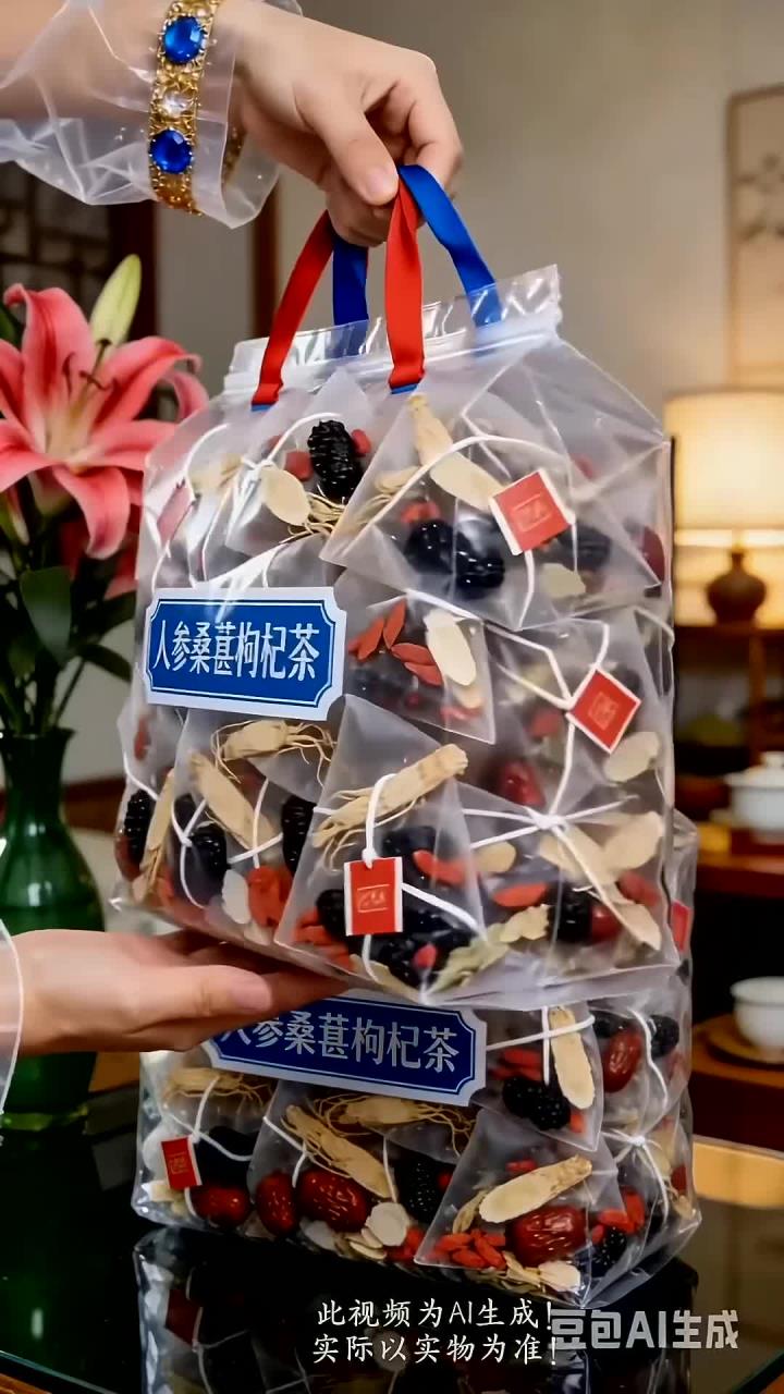 入口温润回甘,这款人参桑葚枸杞茶真材实料,透明三角茶包,食材