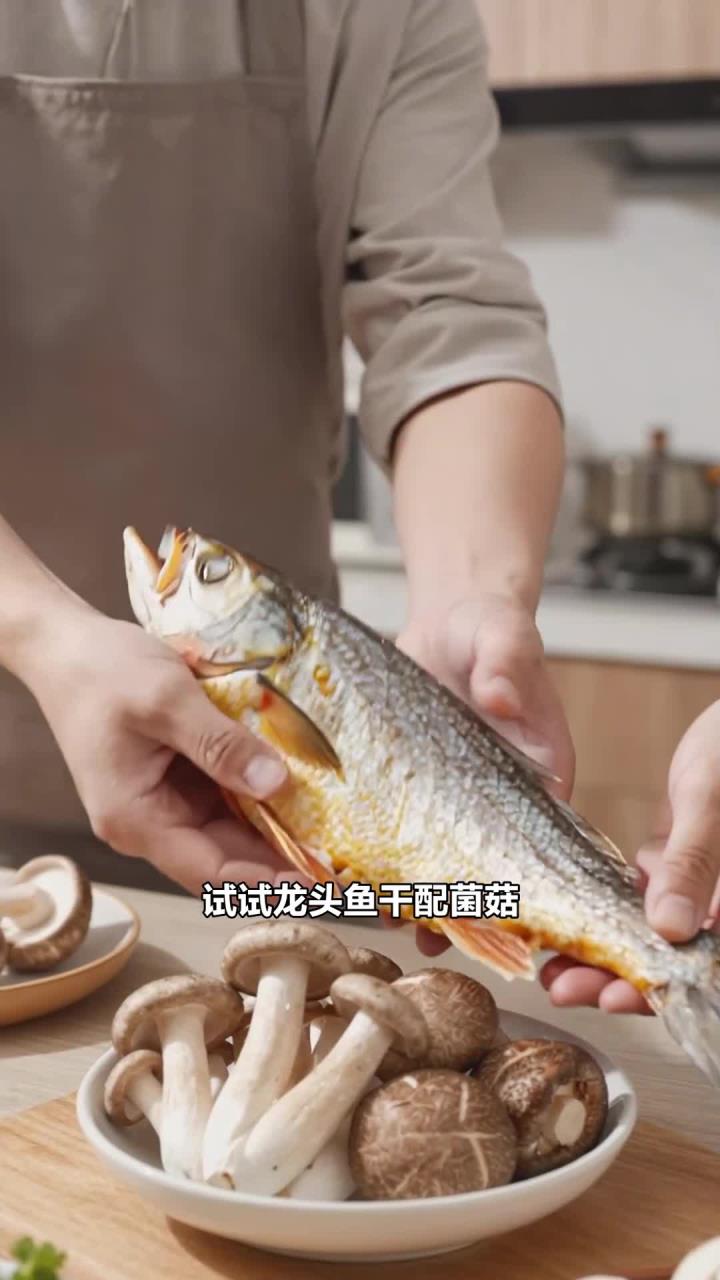 龙头鱼干，搭配菌菇炒制，补充营养护肠胃